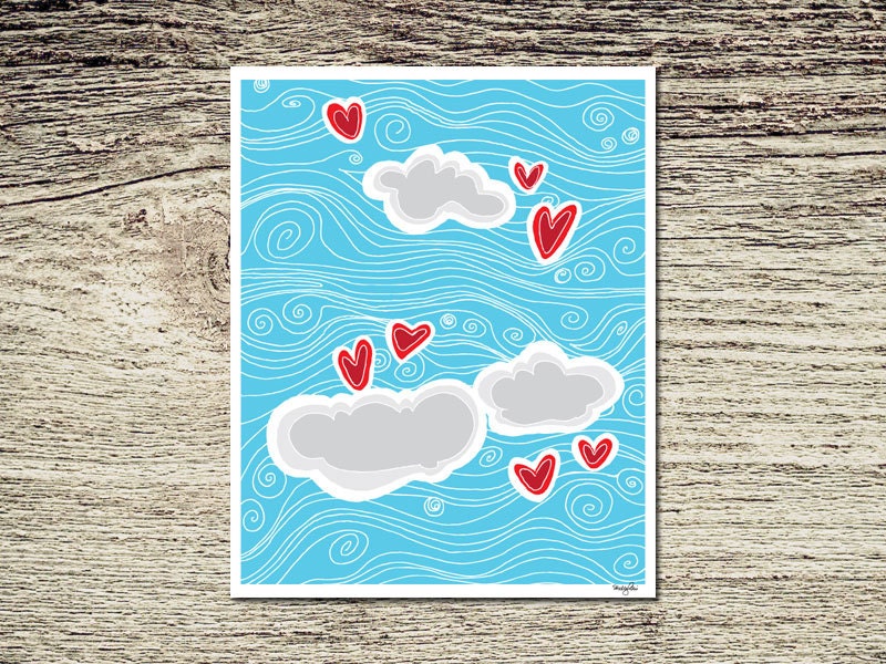 Hearts Clouds Comic Illustrated Blue Red Grey Love is in the Air Print