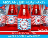 Airplane Birthday Party - Water Bottle Wrappers & Bonus: Straw Flags NonPersonalized Printable // Airplane - B33Ne