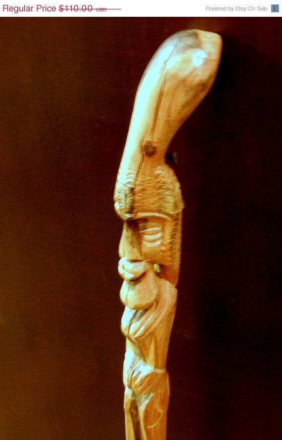 FATHERS DAY 20% SALE Walking Stick / Cane /  African Elder Totem Style / Hand Carved Wood / Folk Art / 39" Long / gl21