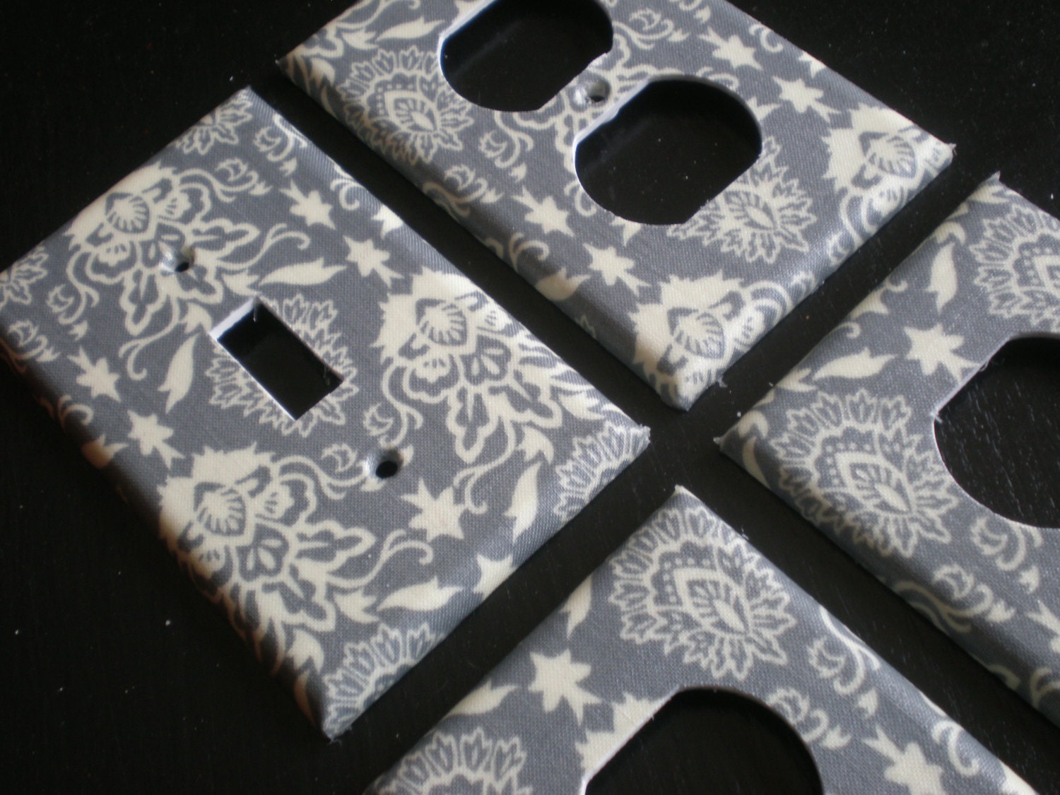 Gray and off White Damask single light switch plate cover set