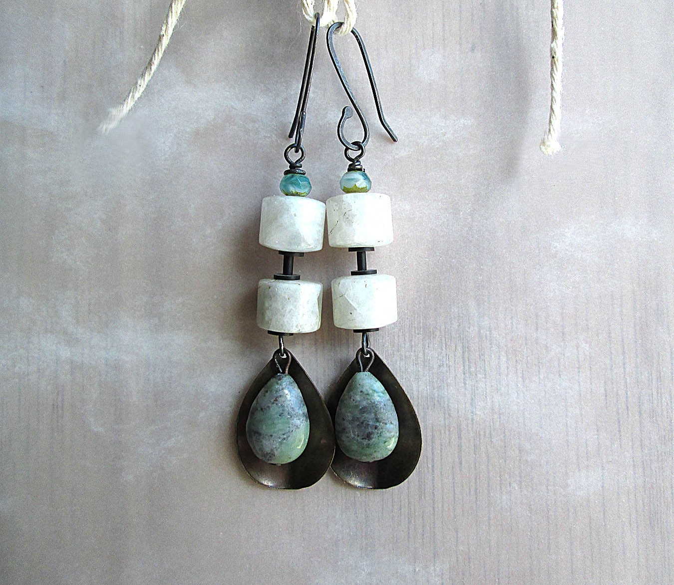 Brass Aqua Earrings, Dangles, Moonstone, White Earrings, Beadwork, Beaded