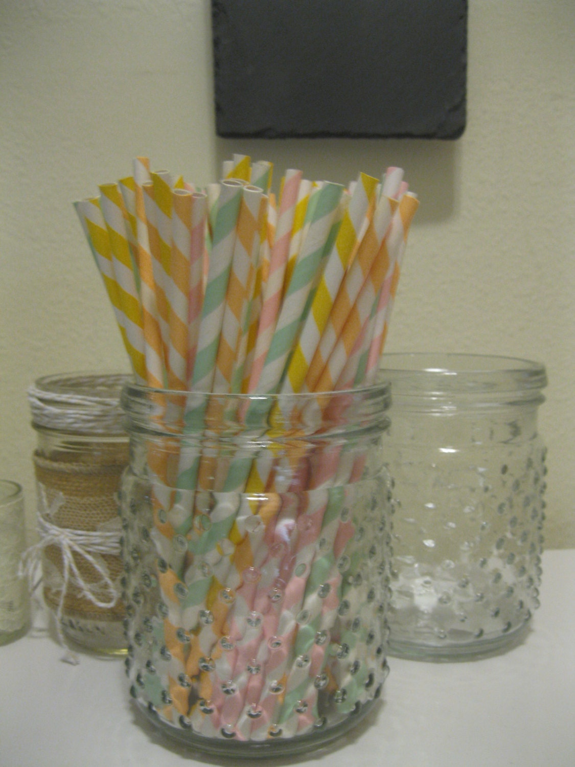Mixed Mint, Coral, Pink, Yellow, Cream white Striped FDA approved 50 paper straws, Easter pack