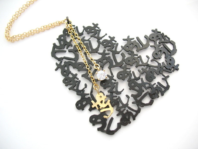 Love jewelry, Love Necklace, Black Heart Necklace, Swarovski Jewelry, Love Charm, Handmade Japanese Love Long Necklace