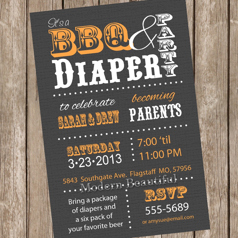 Couples BBQ and diaper Baby Shower Invitation, grey, orange, diaper invitation, couple baby shower, printable, digital file Il_170x135