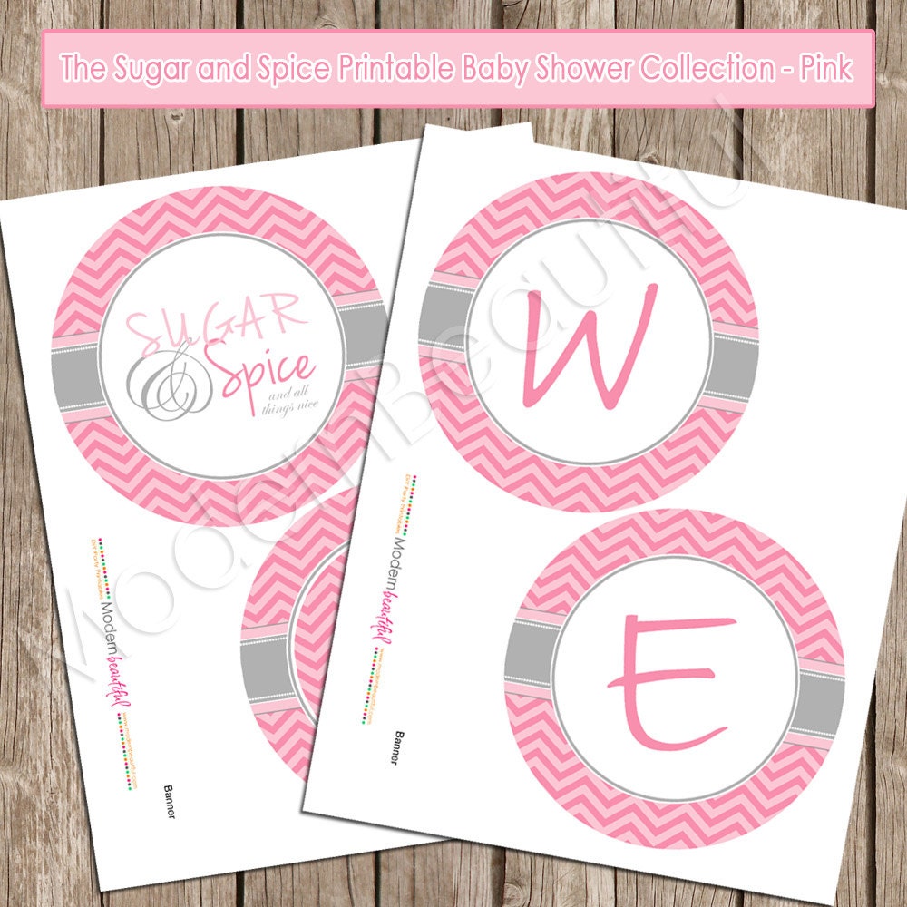 Banner - Pink Sugar and Spice Chevron Baby Shower Banner "Welcome Baby" - Design1 INSTANT DOWNLOAD Il_170x135