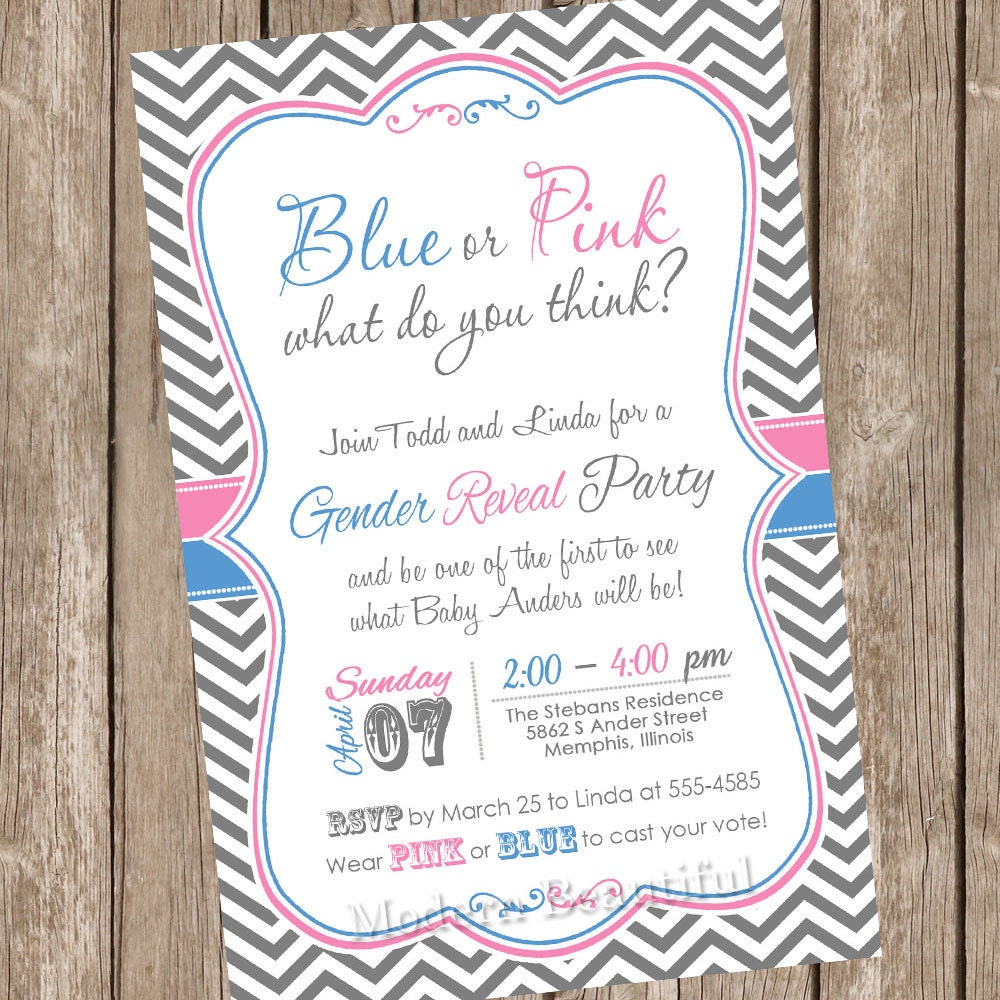 Pink and Blue Chevron Gender Reveal Invitation Baby Reveal Invite Printable Personalized Il_570xn