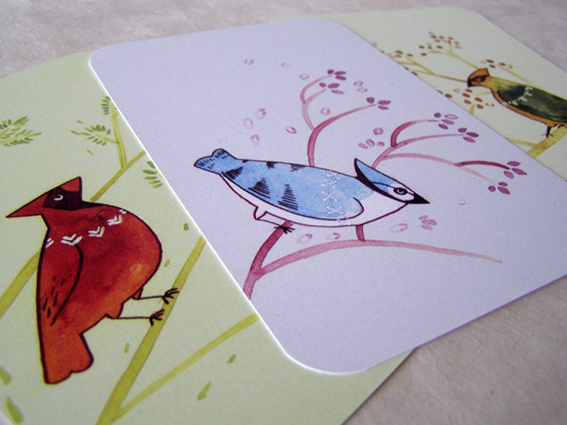 Winter Birds Print Set 4x6"  Cardinal, Blue Jay and Cedar Waxwing