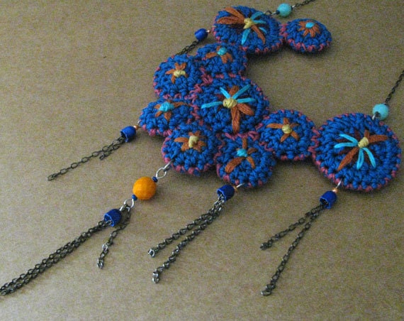 Folk Crochet Tribal Necklace electric blue orange pink yellow embroidered spring