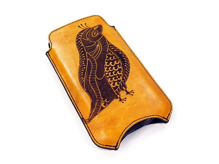 Personalized iPhone Leather Sleeve - Vintage Style Bird
