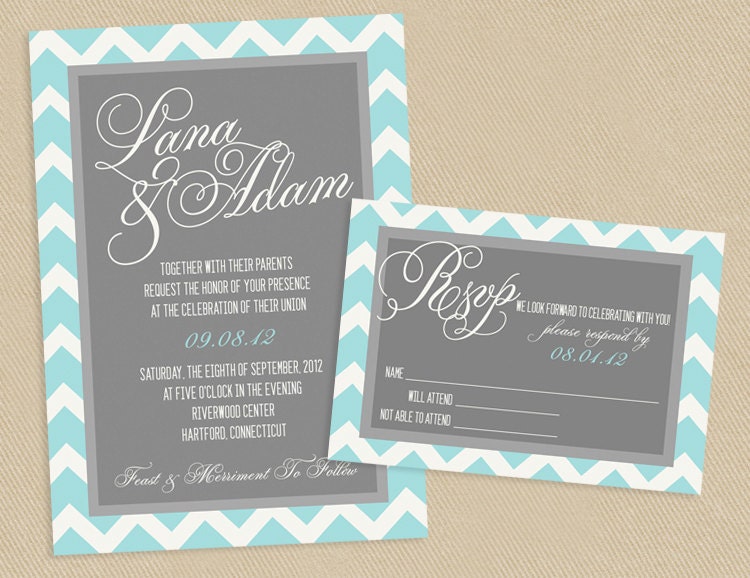 Printable Wedding Invite and RSVP Invitation Set - Gray and Robins Egg Chevron Script Calligraphy Names