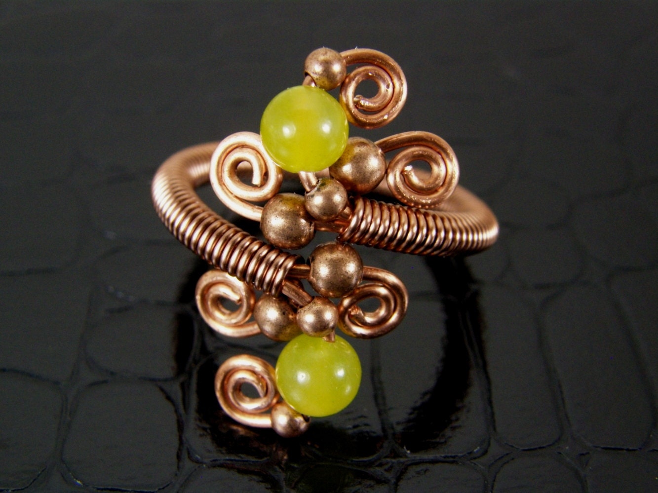 Green Jade & Copper Wire Wrapped Spiral Ring Original Design