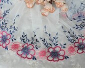 2 Yards White Tulle Lace Trim Hot Pink Blue Floral Embroidered Lace 8.26 Inches Wide