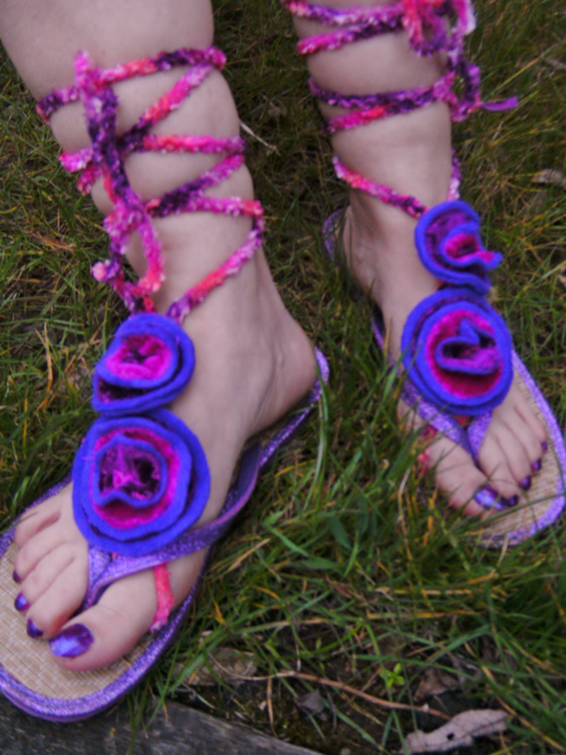 barefoot festival sandals purple poppy anklet cuffs beach summer flats crochet robe flower patch flip flop