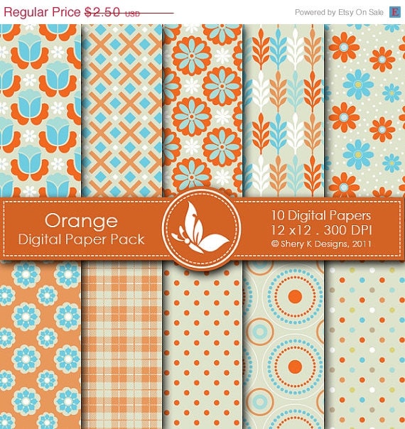 50% off Orange Paper Pack - 10 Digital papers - 12 x12 - 300 DPI