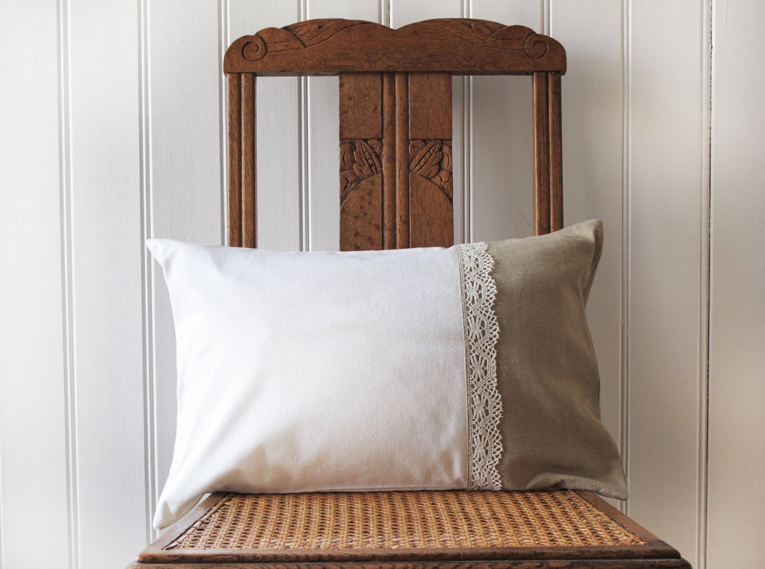 12x18 cushion cover in an antique French  and hand-made lace, white and beige