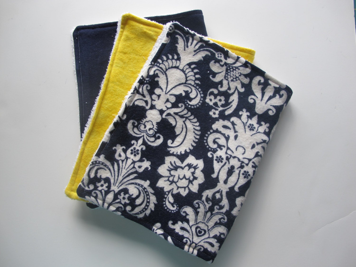 Burp cloth set of 3 in navy, yellow, and damask - ready to ship