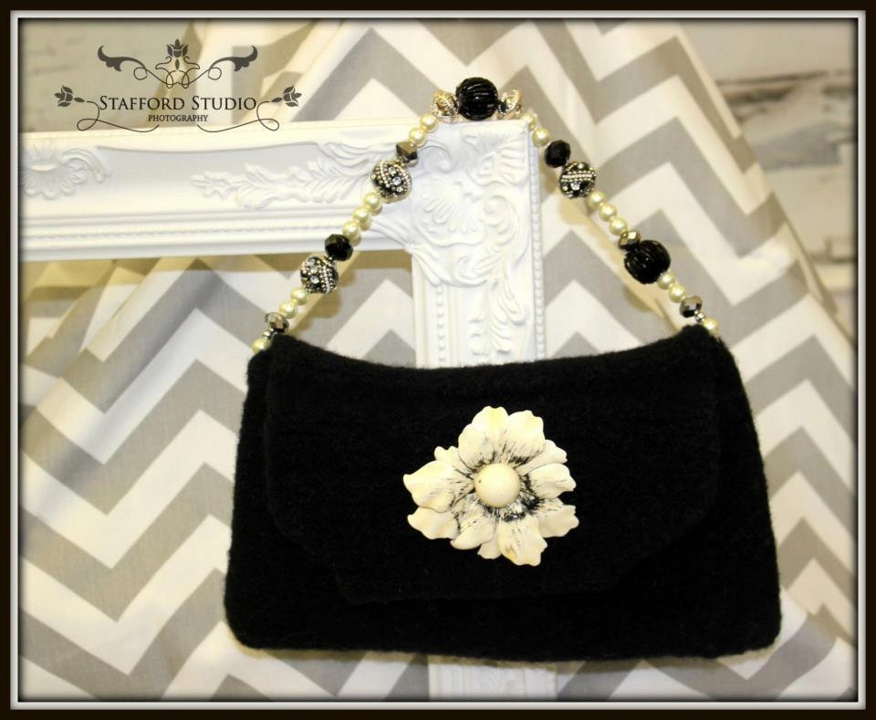 Wedding Bridal Bridesmaid Flowergirl  Clutch Purse Brooch Beads Felted by EllenLee