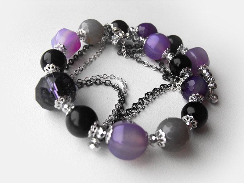 Beaded agate purple gray and black bracelet,with chains,memory wire,glass crystals