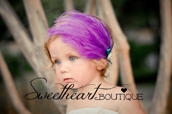 Purple Vintage Glam Feather Headband with Turquoise Ribbon and Beautiful Rhinestone Accents