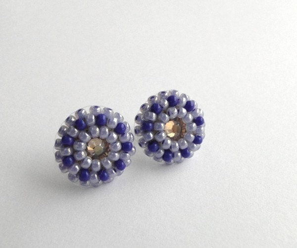 Violet swarovski stud earrings swarovski crystal post earrings button small hand embroidered navy blue pale yellow pastel fashion
