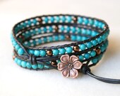 Blue turquoise Bohemian beaded leather wrap bracelet, triple, Chan Luu style, flower, trendy jewelry, boho chic, bronze, cottage chic