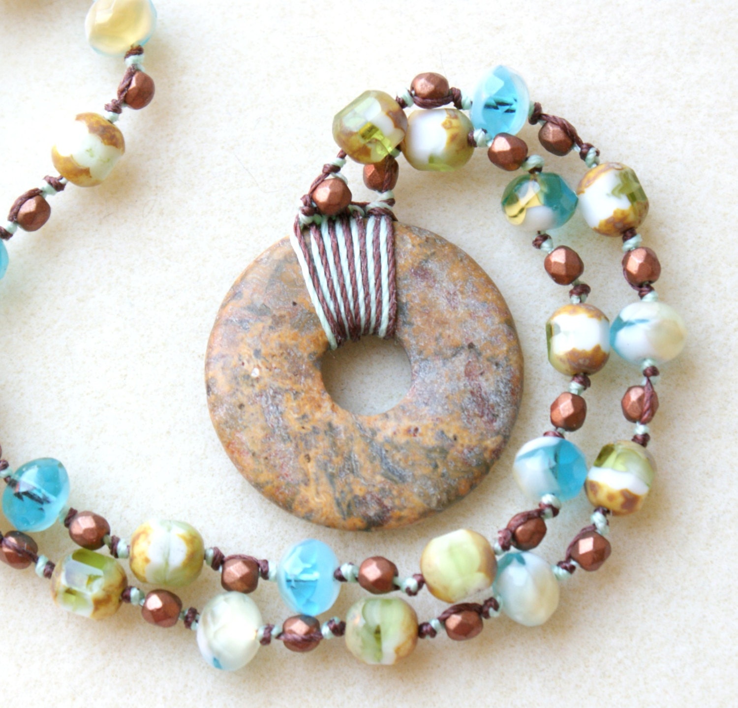 Jasper Bohemian Crochet necklace, boho shabby chic trendy jewelry rustic, blue, green, picasso, brown bold beach summer surfer OOAK