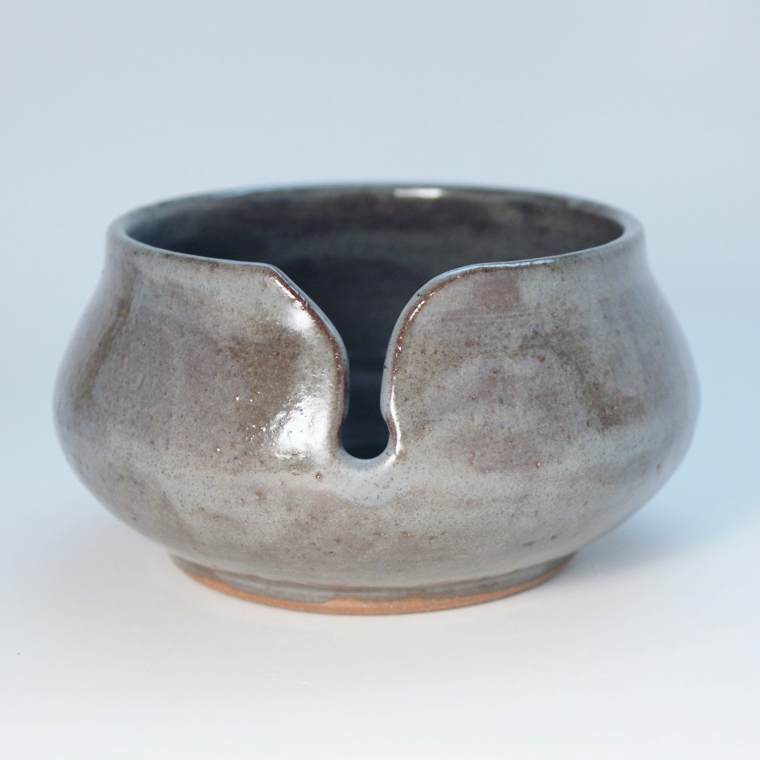 Stoneware Yarn Bowl in Gray with Melted Blue and Green Glass