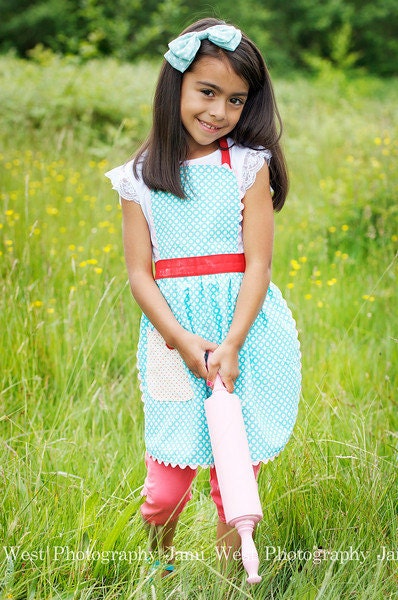 Kids Full Apron For Girls, Organic Cotton, Vintage 30's Style Apron,  Aqua Circles, Red Polka Dots, Toddler & Kids Sizes 1-6