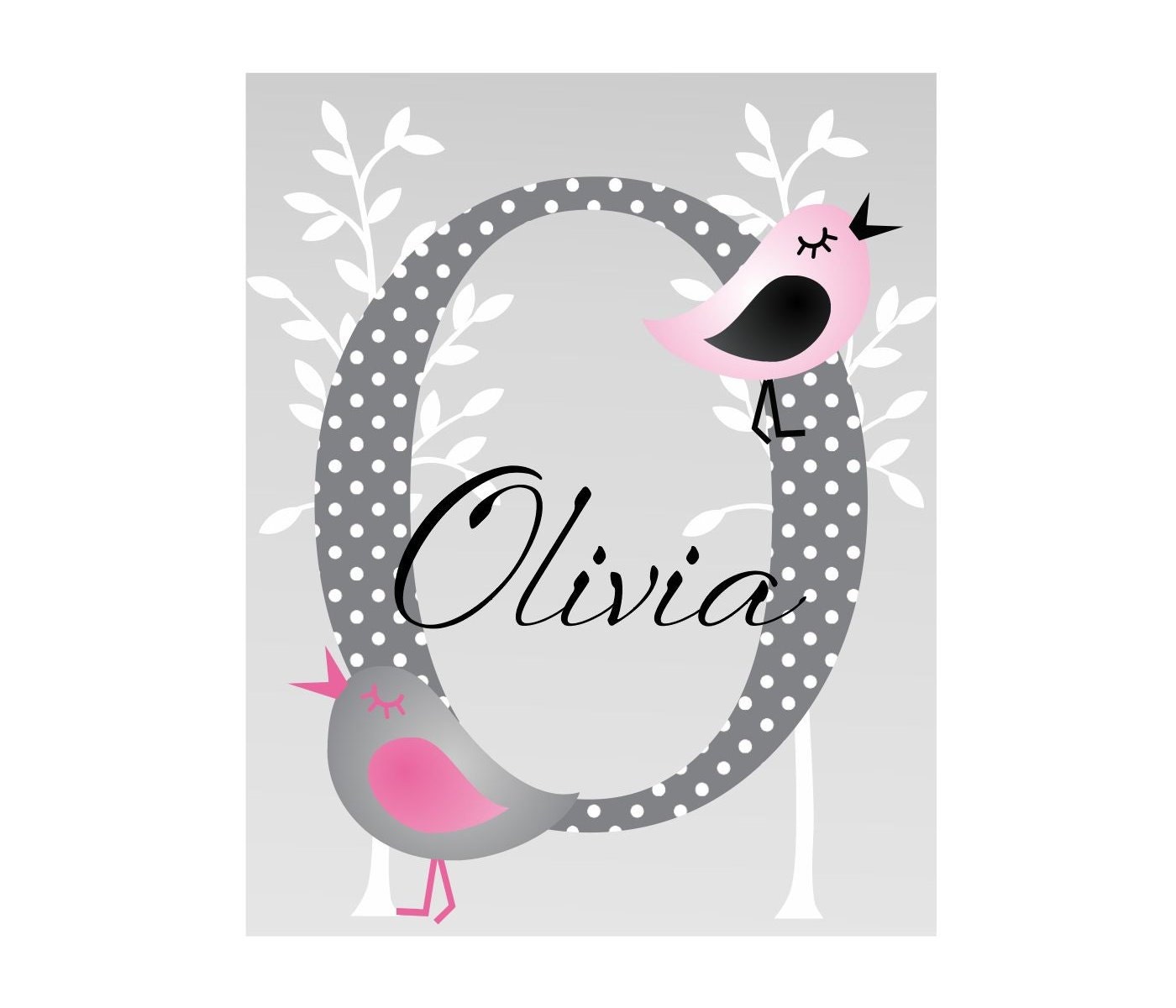 Children Art Print 8x10 Bird Tree Nursery Decor Personalized Pink Grey