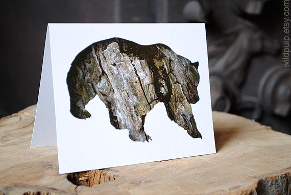 Grizzly Bear - Father's Day Card : Animal Silhouette In Bark - Recycled, Eco Friendly Stationery - Nature Art Photography