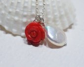 Red Coral Rose Pearl Necklace Bridesmaid Gift Bridal Pearl Favor