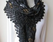 Women accessories-clothing-SHAWL Scarf -sheer lace Fashion-metallic glitter Black and gold lame crochet-party evening gown Mantilla Scarves