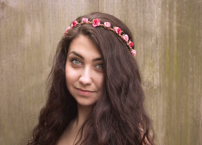 Pink Rose Flower Crown - Prom Hair, Small Pink Rose Headband, Floral Crown, Springtime, Rose Crown, Hippie Headband