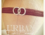Sparkling Brown Elastic Bohemian Styled Headband with Silver Linked Circles Rhinestone Buckle Slide Charm - Ladies Brown Elastic Headband