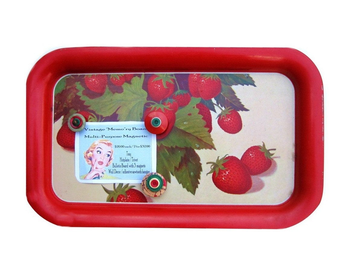 Vintage "Memo"ry  Magnetic Board / Upcycled Strawberry Metal Tray/  Home Decor / Wedding Table Marker / Deliciously Sweet  Retro Chic Decor