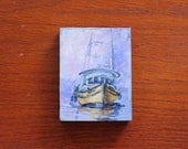Old Yellow Boat Mini Painting original art painting on wood 4 x 13 ''