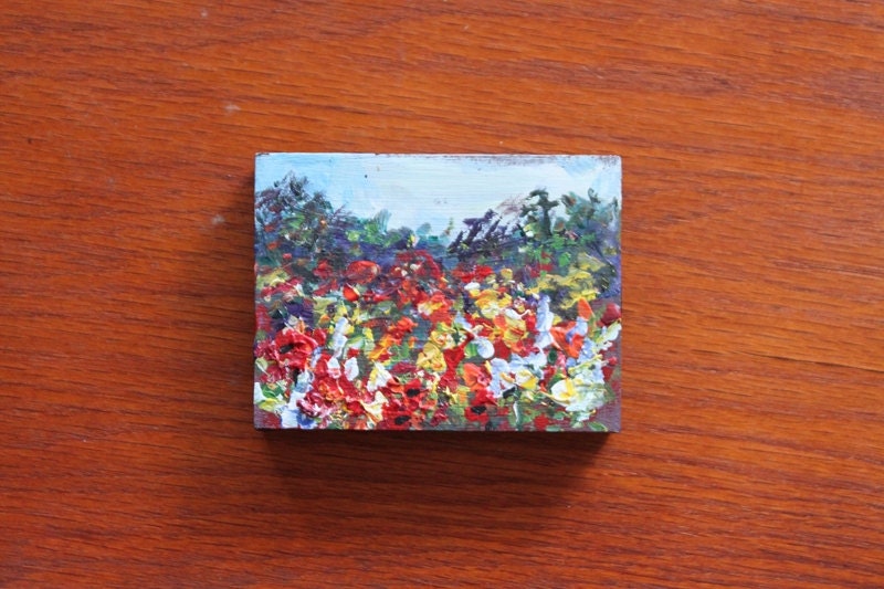 Red poppies Field  mini original painting on wood panel 3 x 4 ''