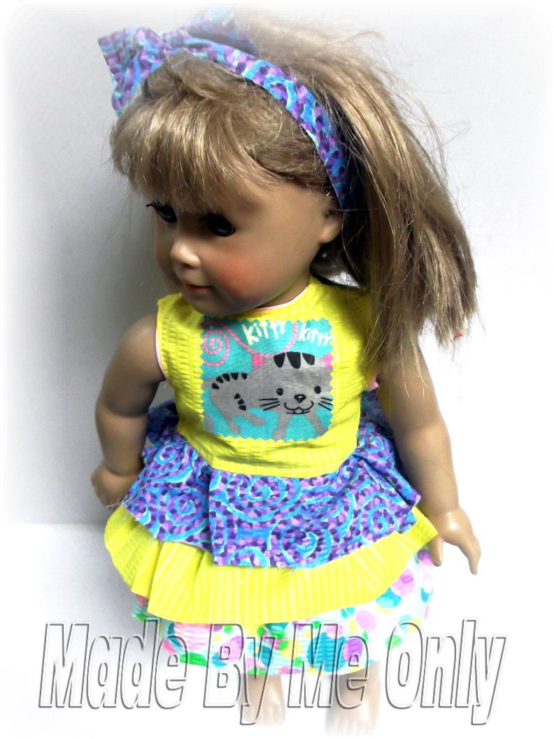 Kitty cat  Ruffled dress in beautiful Spring colors for American Girl or Bitty baby