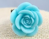 Baby Blue Rose on Antiqued Bronze Filigree Adjustable Ring