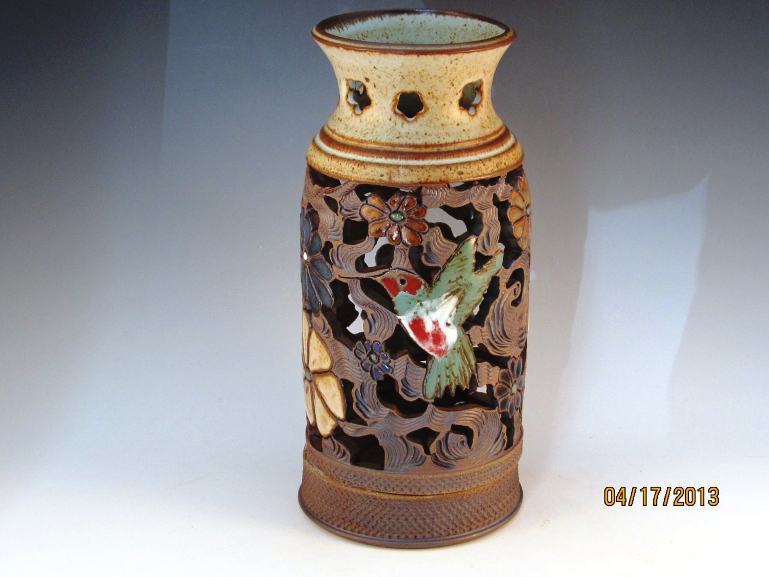 Large Two Piece  Luminaire With  Dragonfly, Butterfly, Hummingbird, Flowers,  And Texturing, Ready To  Ship