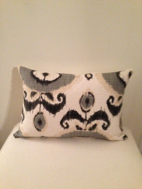 13 x 19 Charcoal Grey, Cream and Tan Ikat  Designer Pillow Cover - Throw Pillow (18x18 also available)