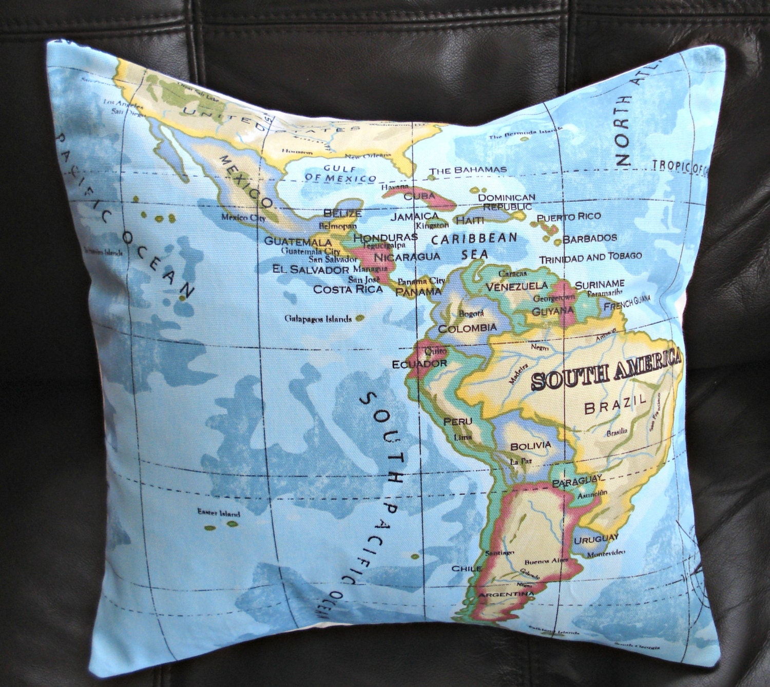 Pillow Atlas World map 16 inch USA  Mexico  Brazil Argentina South Pacific Ocean Bahamas Cuba Jamaica Peru Panama Costa Rica Equador cushion