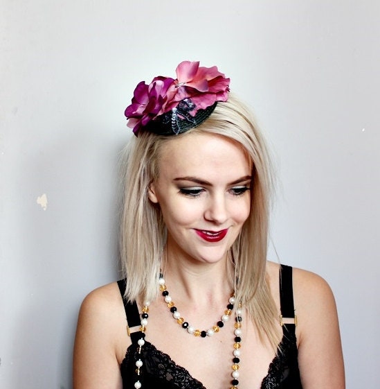 purple and pink piece // fasinator, quirky, circus, feather hair piece