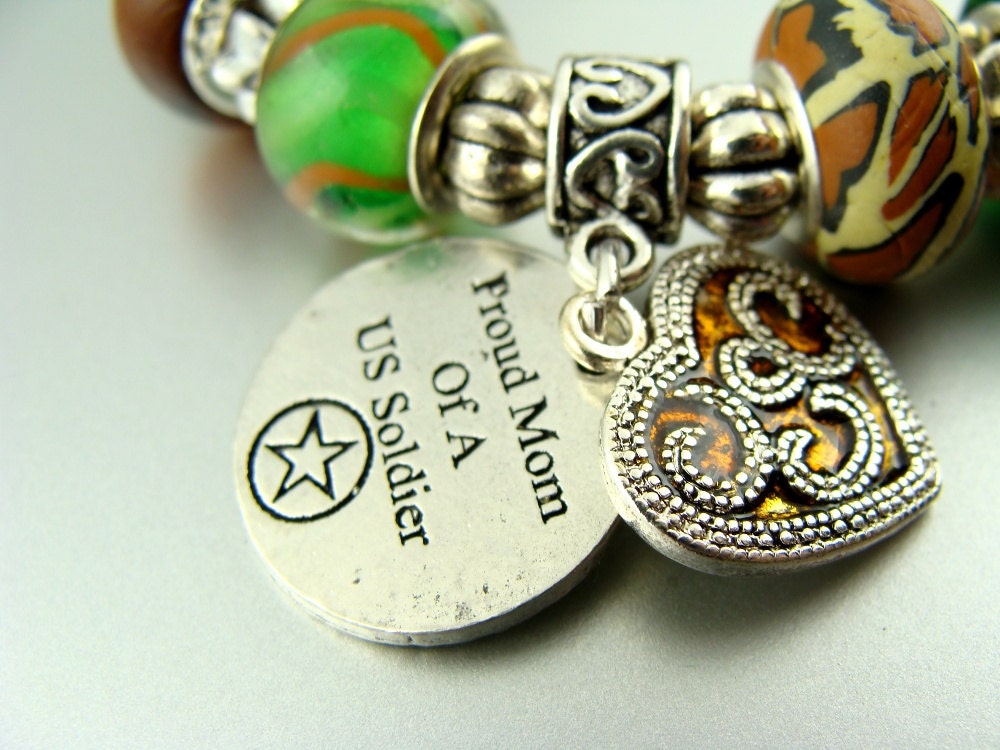 SOLDIER MOM Military Stretch European bead Lampwork Charm Bracelets