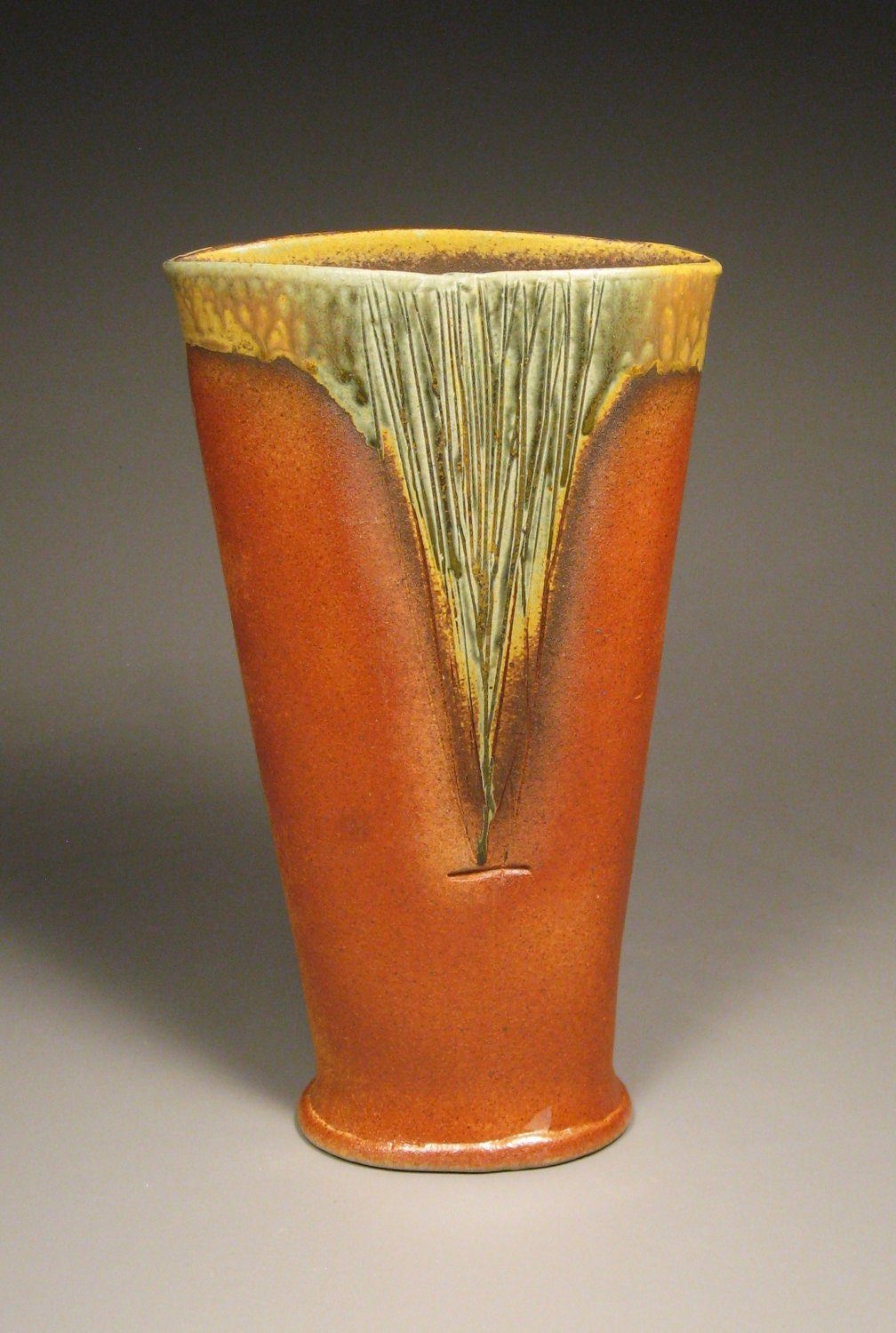 Tall Burnt Orange and Sage Green Vase