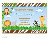 Printable Personalized Lovely Cute Jungle Safari Zoo Birthday Party Invitation or Baby Boy Shower - Kids Zebra Lion Giraffe Elephant Monkey