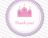 Printable Cute Pink Castle Thank You Tag - Violet White Circle Polka Dots Prince Princess Boy Girl Unisex Baby Shower Birthday