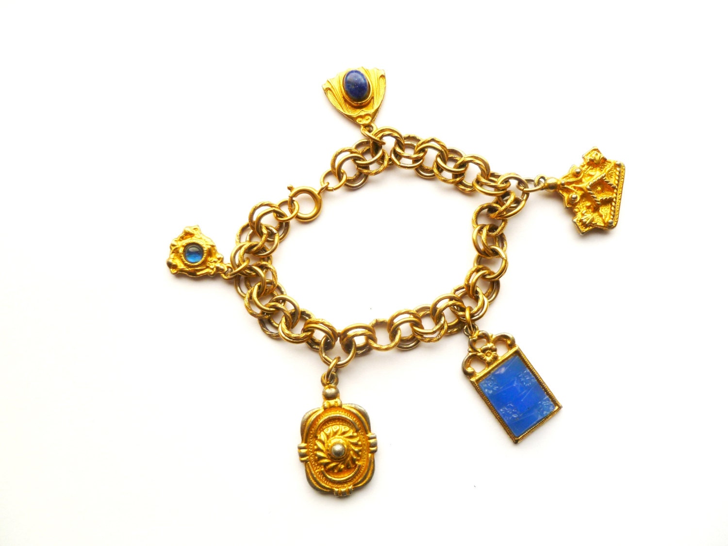 Blue Molded Glass Gold Tone Charm Bracelet Art Nouveau Style with Glass Inserts and Owls 1940s