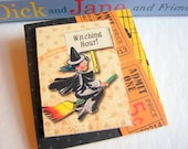 Halloween Brooch - Witching Hour Little Witch On A Broom - X Lg 3D Dimensional Paper and Chipboard Decoupage Pin Badge - Vintage Retro