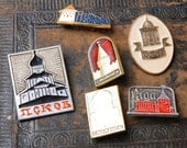 Set of 6 Vintage metal broochs, badge pins, old buildings and houses